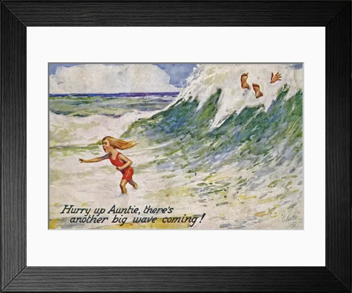 Framed Print : Little girl at the seaside on a comic postcard Framed Print : Little girl at the seaside on a comic postcard