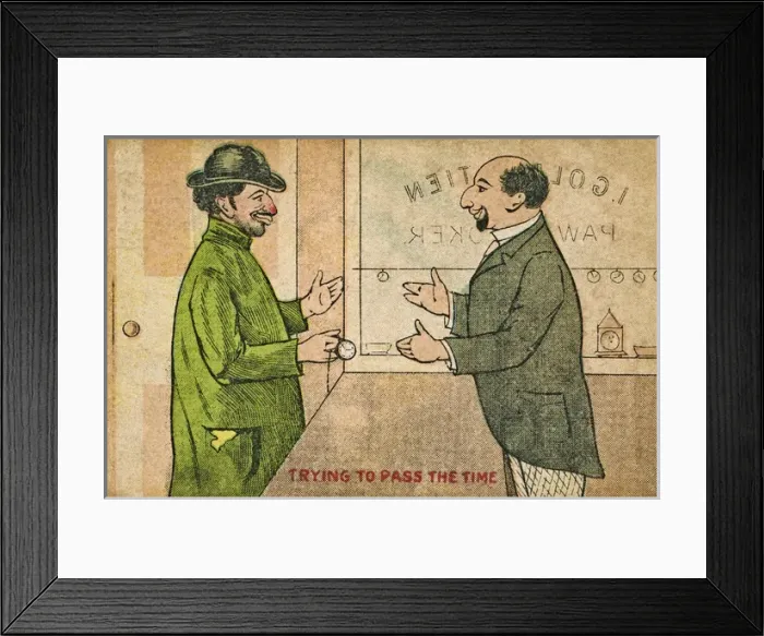 Framed Print : Pawnbroker and customer on a postcard Framed Print : Pawnbroker and customer on a postcard