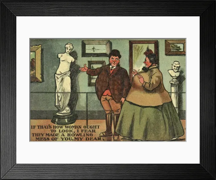 Framed Print : Comic postcard, couple in an art gallery Framed Print : Comic postcard, couple in an art gallery