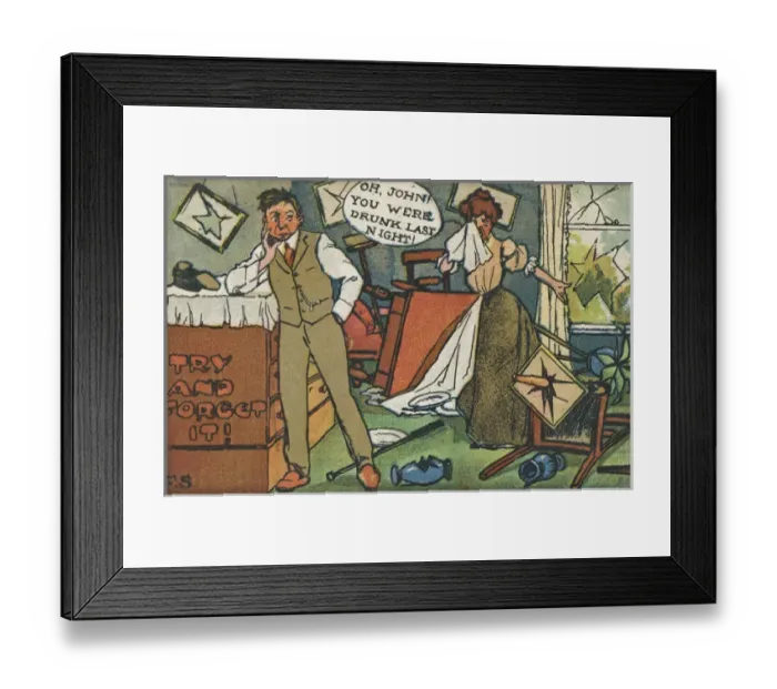 Framed Print : Comic postcard, couple in a trashed room Framed Print : Comic postcard, couple in a trashed room