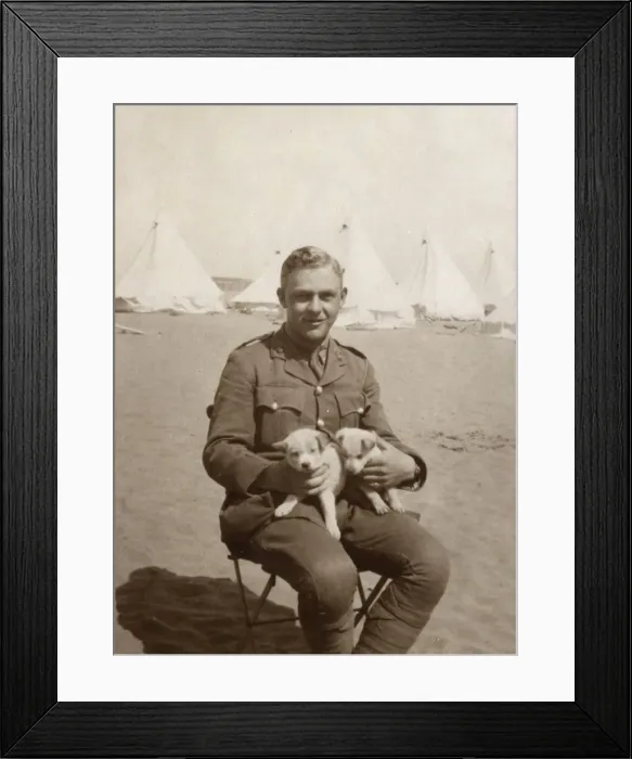 Framed Print : Soldier at camp holding two puppies, WW1 Framed Print : Soldier at camp holding two puppies, WW1