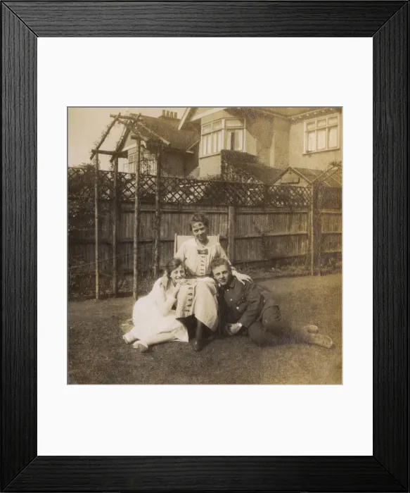 Framed Print : Soldier with fiancee and her mother in a garden, WW1 Framed Print : Soldier with fiancee and her mother in a garden, WW1