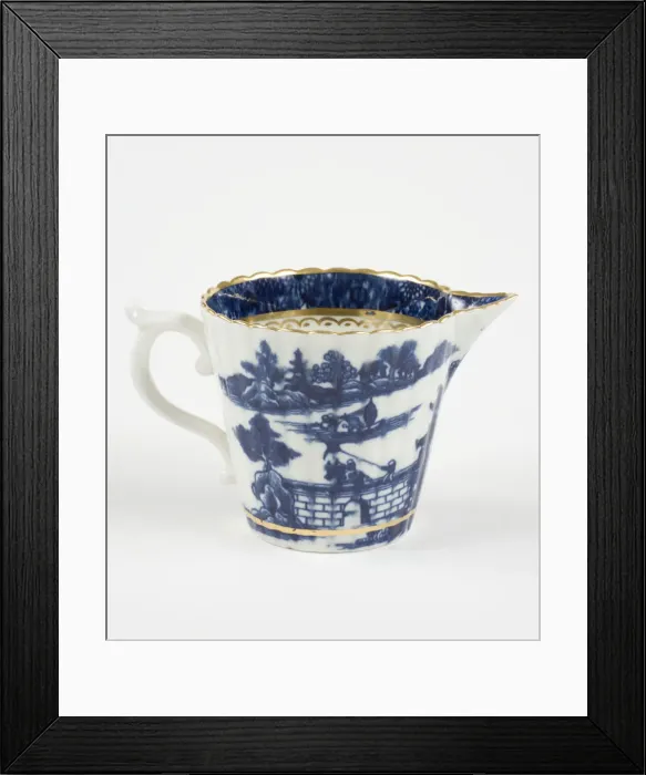 Framed Print : Milk jug made from porcelain, transfer-printed in underglaze blue with Framed Print : Milk jug made from porcelain, transfer-printed in underglaze blue with