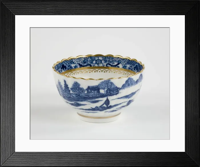 Framed Print : Tea bowl made from porcelain, transfer-printed in underglaze blue with Framed Print : Tea bowl made from porcelain, transfer-printed in underglaze blue with