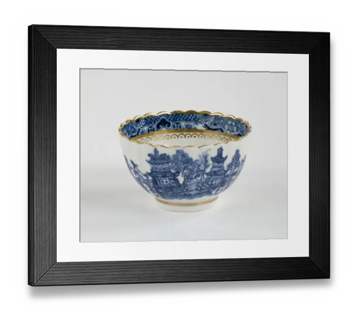 Framed Print : Tea bowl made from porcelain, transfer-printed in underglaze blue with Framed Print : Tea bowl made from porcelain, transfer-printed in underglaze blue with