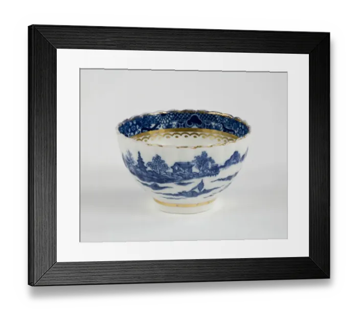 Framed Print : Tea bowl made from porcelain, transfer-printed in underglaze blue with Framed Print : Tea bowl made from porcelain, transfer-printed in underglaze blue with