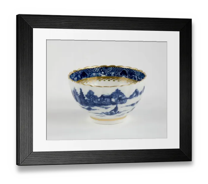 Framed Print : Tea bowl made from porcelain, transfer-printed in underglaze blue with Framed Print : Tea bowl made from porcelain, transfer-printed in underglaze blue with