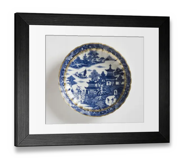 Framed Print : Plate made from porcelain, transfer-printed in underglaze blue with the Framed Print : Plate made from porcelain, transfer-printed in underglaze blue with the
