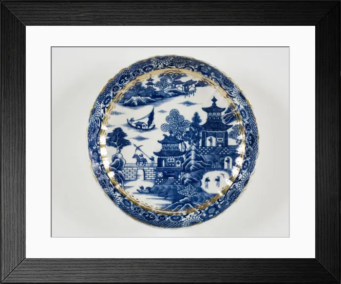 Framed Print : Plate made from porcelain, transfer-printed in underglaze blue with the Framed Print : Plate made from porcelain, transfer-printed in underglaze blue with the
