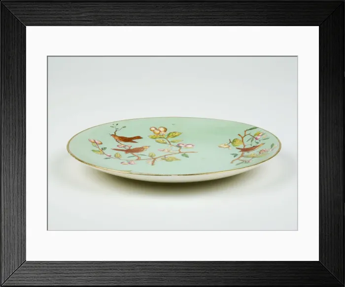 Framed Print : Plate made from glazed hard-paste porcelain, decorated with a transfer-printed Framed Print : Plate made from glazed hard-paste porcelain, decorated with a transfer-printed