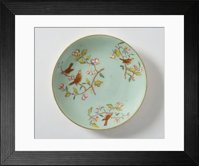 Framed Print : Plate made from glazed hard-paste porcelain, decorated with a transfer-printed Framed Print : Plate made from glazed hard-paste porcelain, decorated with a transfer-printed