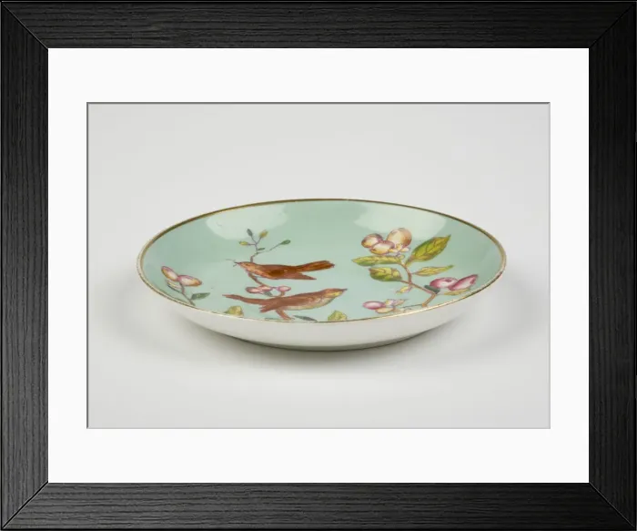 Framed Print : Saucer made from glazed hard-paste porcelain, decorated with a transfer-printed Framed Print : Saucer made from glazed hard-paste porcelain, decorated with a transfer-printed
