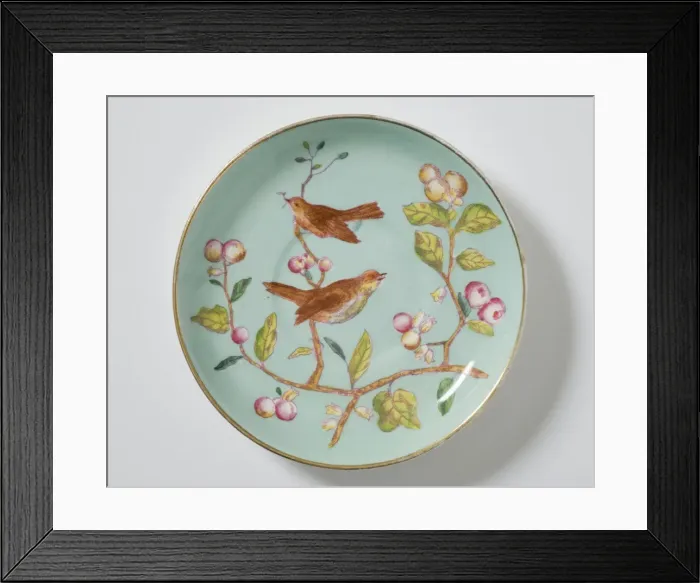 Framed Print : Saucer made from glazed hard-paste porcelain, decorated with a transfer-printed Framed Print : Saucer made from glazed hard-paste porcelain, decorated with a transfer-printed