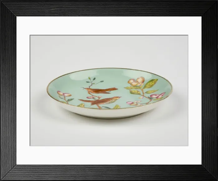 Framed Print : Saucer made from glazed hard-paste porcelain, decorated with a transfer-printed Framed Print : Saucer made from glazed hard-paste porcelain, decorated with a transfer-printed
