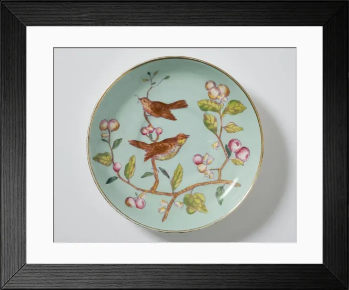 Framed Print : Saucer made from glazed hard-paste porcelain, decorated with a transfer-printed Framed Print : Saucer made from glazed hard-paste porcelain, decorated with a transfer-printed