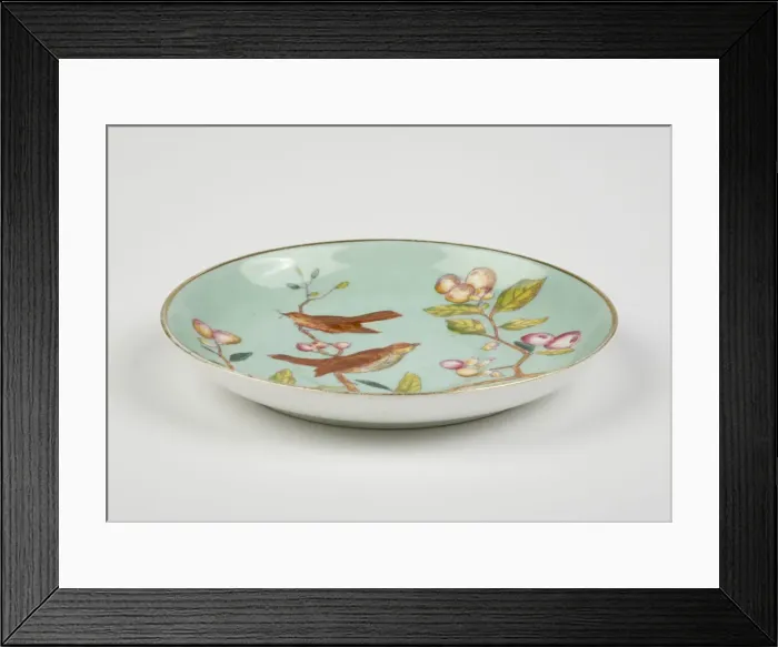 Framed Print : Saucer made from glazed hard-paste porcelain, decorated with a transfer-printed Framed Print : Saucer made from glazed hard-paste porcelain, decorated with a transfer-printed