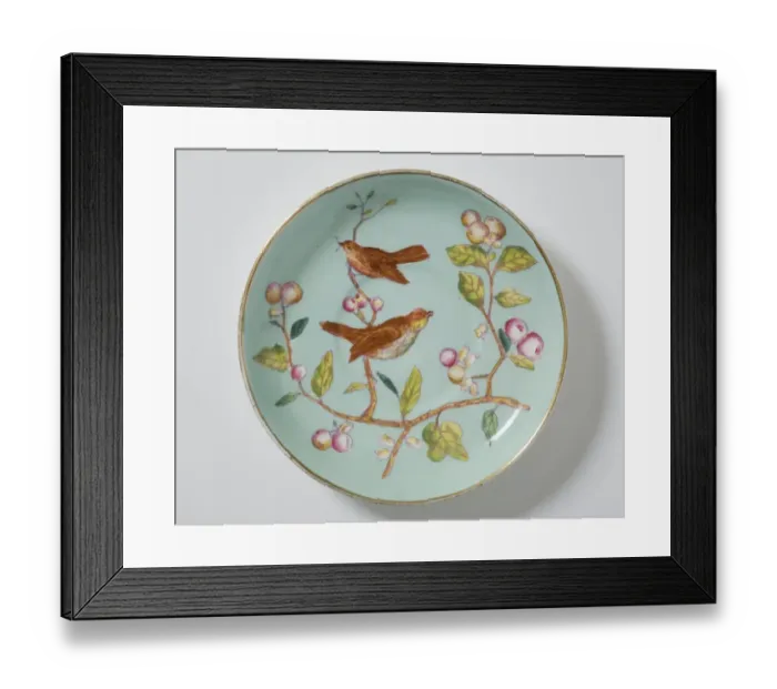 Framed Print : Saucer made from glazed hard-paste porcelain, decorated with a transfer-printed Framed Print : Saucer made from glazed hard-paste porcelain, decorated with a transfer-printed