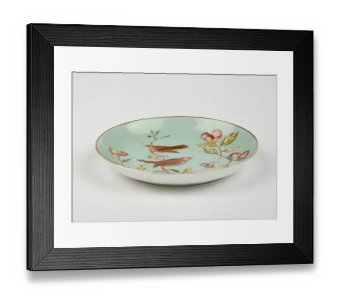 Framed Print : Saucer made from glazed hard-paste porcelain, decorated with a transfer-printed Framed Print : Saucer made from glazed hard-paste porcelain, decorated with a transfer-printed