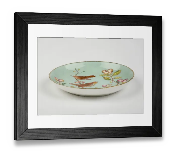 Framed Print : Saucer made from glazed hard-paste porcelain, decorated with a transfer-printed Framed Print : Saucer made from glazed hard-paste porcelain, decorated with a transfer-printed