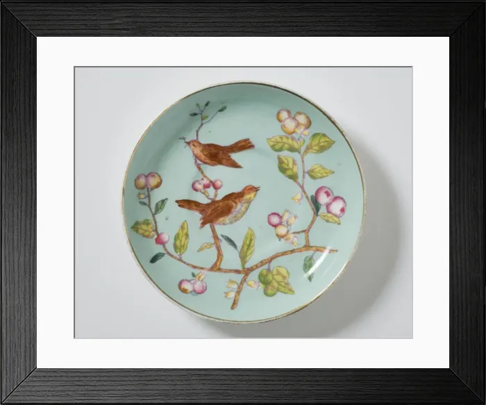 Framed Print : Saucer made from glazed hard-paste porcelain, decorated with a transfer-printed Framed Print : Saucer made from glazed hard-paste porcelain, decorated with a transfer-printed