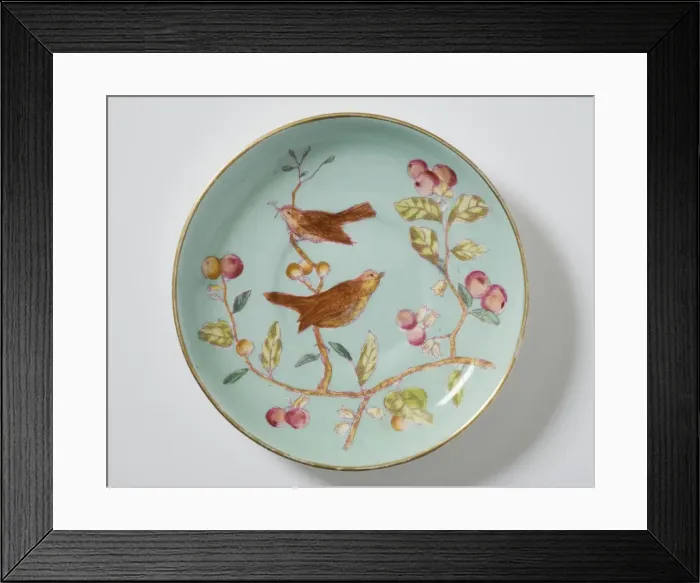 Framed Print : Saucer made from glazed hard-paste porcelain, decorated with a transfer-printed Framed Print : Saucer made from glazed hard-paste porcelain, decorated with a transfer-printed