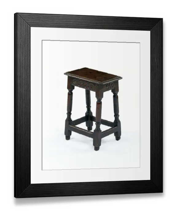 Framed Print : Stool. One of six matching oak joined stools with a carved frieze Framed Print : Stool. One of six matching oak joined stools with a carved frieze