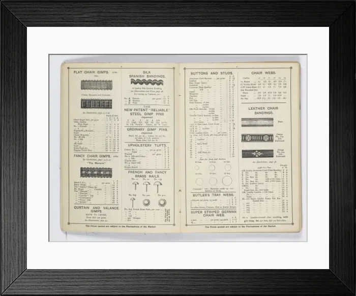 Framed Print : Pages from 1899 Price List, Upholstery, Trimmings &c Framed Print : Pages from 1899 Price List, Upholstery, Trimmings &c
