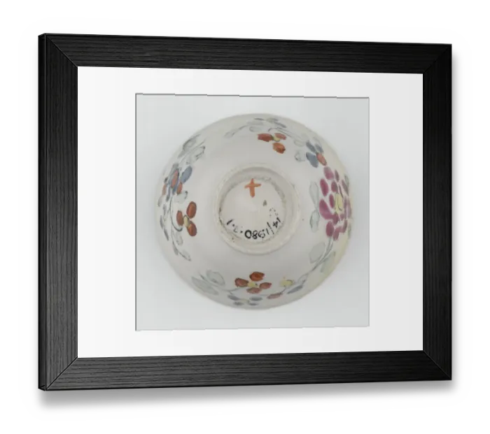 Framed Print : Tea bowl. Salt-glazed stoneware bowl with overglaze enamel decoration of flowers in pink Framed Print : Tea bowl. Salt-glazed stoneware bowl with overglaze enamel decoration of flowers in pink