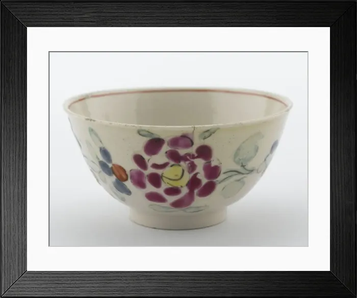 Framed Print : Tea bowl. Salt-glazed stoneware bowl with overglaze enamel decoration of flowers in pink Framed Print : Tea bowl. Salt-glazed stoneware bowl with overglaze enamel decoration of flowers in pink