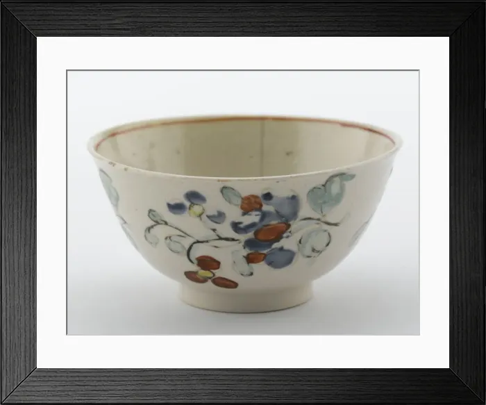 Framed Print : Tea bowl. Salt-glazed stoneware bowl with overglaze enamel decoration of flowers in pink Framed Print : Tea bowl. Salt-glazed stoneware bowl with overglaze enamel decoration of flowers in pink
