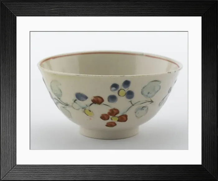 Framed Print : Tea bowl. Salt-glazed stoneware bowl with overglaze enamel decoration of flowers in pink Framed Print : Tea bowl. Salt-glazed stoneware bowl with overglaze enamel decoration of flowers in pink