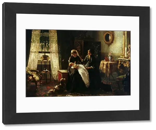 A domestic interior with two women wearing black, one holdin