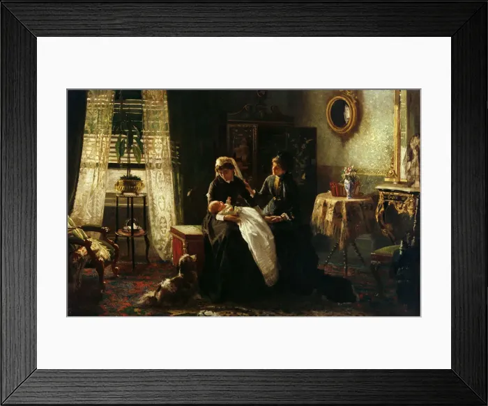 Framed Print : A domestic interior with two women wearing black, one holdin Framed Print : A domestic interior with two women wearing black, one holdin
