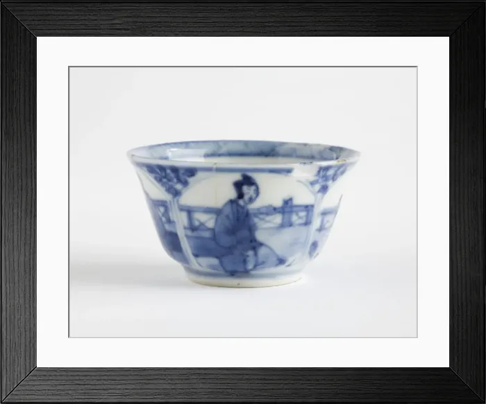 Framed Print : Tea bowl. Porcelain tea bowl decorated in underglaze blue with four petal-shaped Framed Print : Tea bowl. Porcelain tea bowl decorated in underglaze blue with four petal-shaped