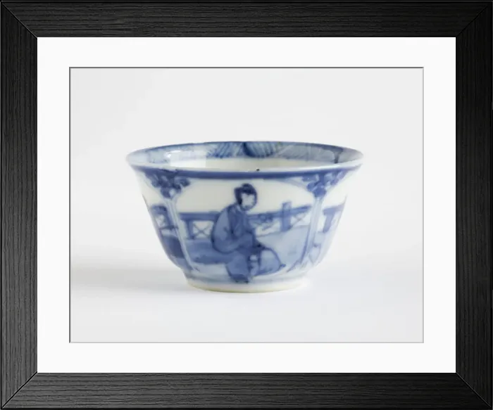 Framed Print : Tea bowl. Porcelain tea bowl decorated in underglaze blue with four petal-shaped Framed Print : Tea bowl. Porcelain tea bowl decorated in underglaze blue with four petal-shaped