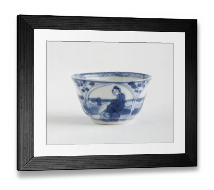 Framed Print : Tea bowl. Porcelain tea bowl decorated in underglaze blue with four petal-shaped