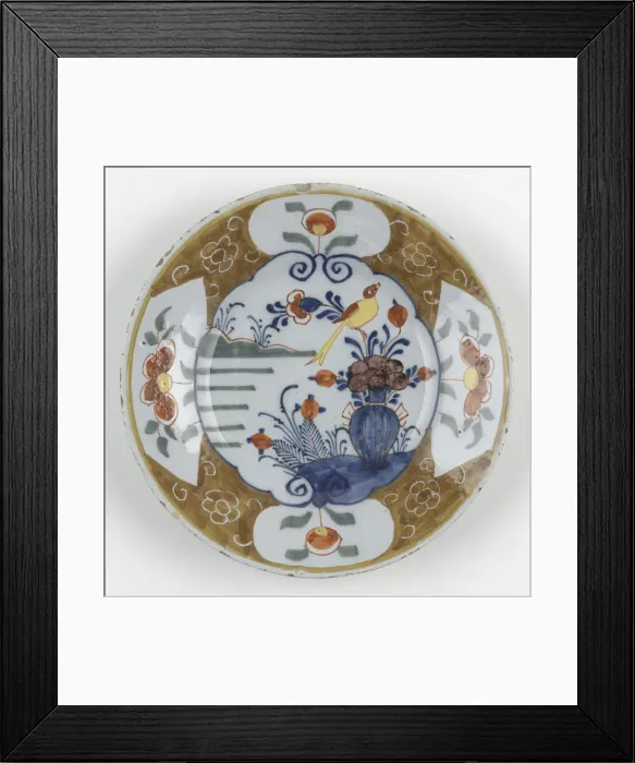 Framed Print : Plate. Tin-glazed earthenware plate with polychrome decoration Framed Print : Plate. Tin-glazed earthenware plate with polychrome decoration