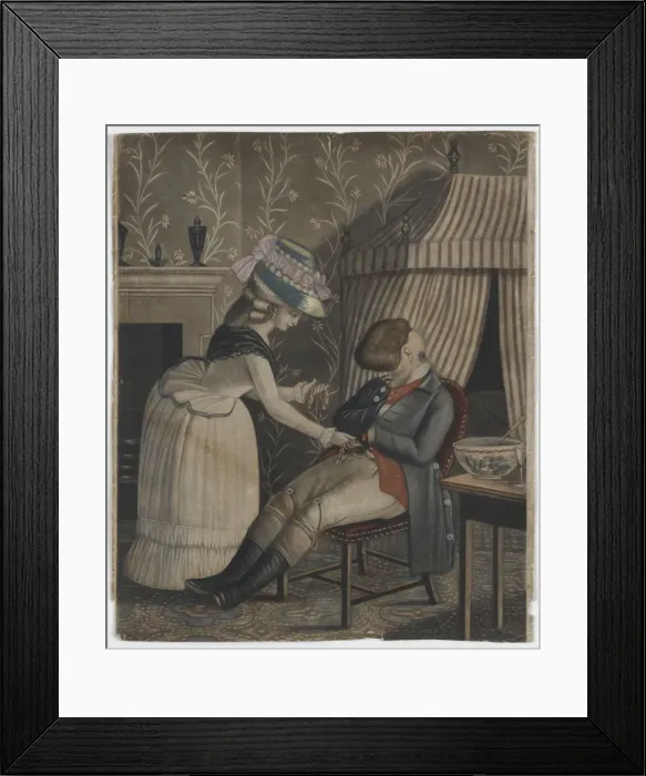 Framed Print : Print. An untitled mezzotint on paper, hand coloured with watercolour Framed Print : Print. An untitled mezzotint on paper, hand coloured with watercolour
