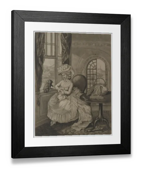 Framed Print : Print. Black and white mezzotint depicting a woman seated by an open window Framed Print : Print. Black and white mezzotint depicting a woman seated by an open window