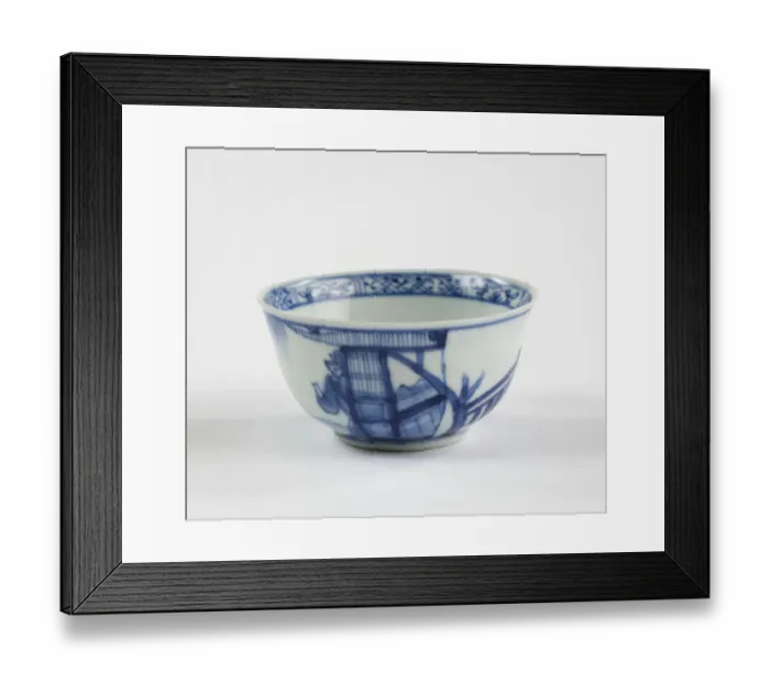 Framed Print : Tea bowl. Porcelain tea bowl with cobalt blue underglaze decoration of three figures Framed Print : Tea bowl. Porcelain tea bowl with cobalt blue underglaze decoration of three figures