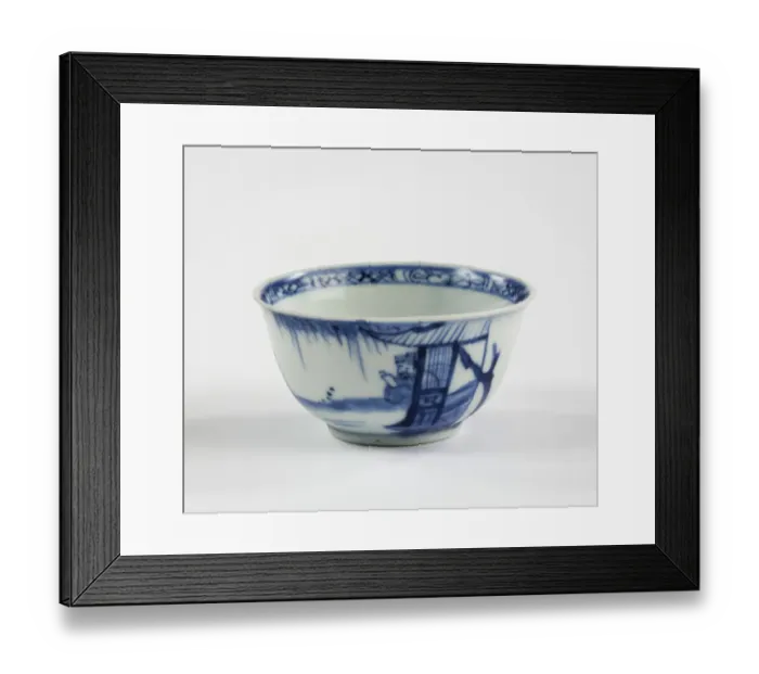 Framed Print : Tea bowl. Porcelain tea bowl with cobalt blue underglaze decoration of three figures Framed Print : Tea bowl. Porcelain tea bowl with cobalt blue underglaze decoration of three figures