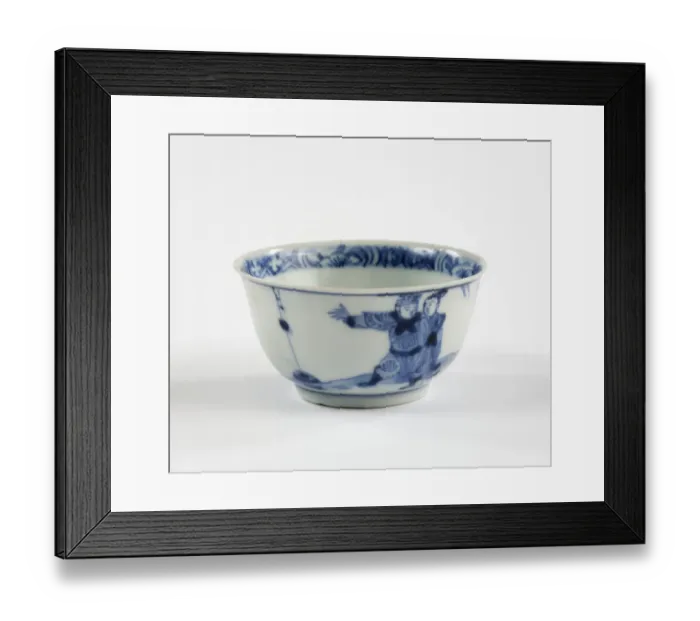 Framed Print : Tea bowl. Porcelain tea bowl with cobalt blue underglaze decoration of three figures Framed Print : Tea bowl. Porcelain tea bowl with cobalt blue underglaze decoration of three figures