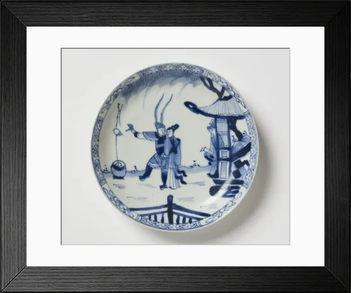 Framed Print : Saucer. Porcelain saucer with cobalt blue underglaze decoration of three figures Framed Print : Saucer. Porcelain saucer with cobalt blue underglaze decoration of three figures