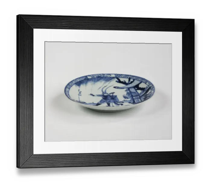 Framed Print : Saucer. Porcelain saucer with cobalt blue underglaze decoration of three figures Framed Print : Saucer. Porcelain saucer with cobalt blue underglaze decoration of three figures