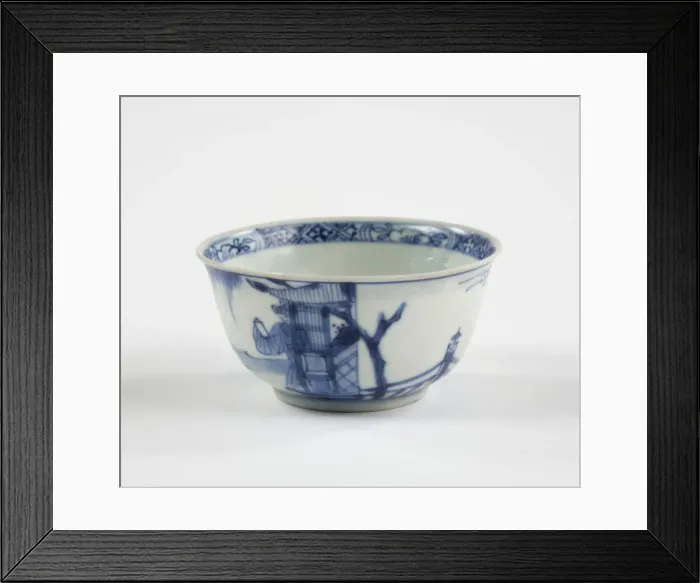 Framed Print : Tea bowl. Porcelain tea bowl with cobalt blue underglaze decoration of three figures Framed Print : Tea bowl. Porcelain tea bowl with cobalt blue underglaze decoration of three figures