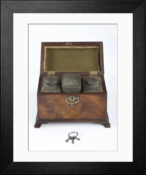 Framed Print : Tea caddy made from mahogany, containing three pewter canisters Framed Print : Tea caddy made from mahogany, containing three pewter canisters