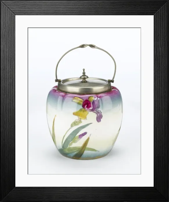 Framed Print : Vase. Glazed earthenware vase painted with irises with an electroplated Framed Print : Vase. Glazed earthenware vase painted with irises with an electroplated