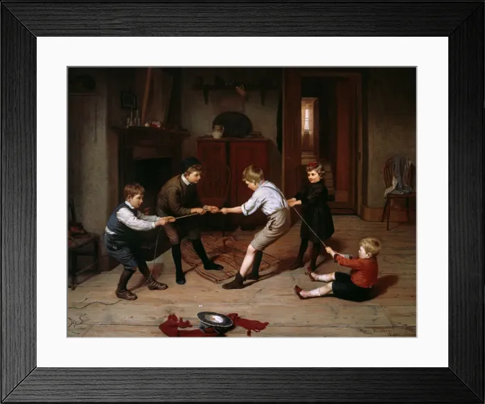 Framed Print : A group of children playing at tug of war in a domestic inte Framed Print : A group of children playing at tug of war in a domestic inte