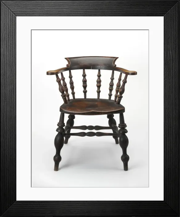Framed Print : Armchair. Windsor bow armchair or smoking chair stamped on the rear edge Framed Print : Armchair. Windsor bow armchair or smoking chair stamped on the rear edge