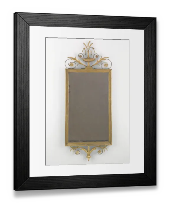 Framed Print : Mirror. Gilt carved wood and gesso pier glass surmounted by a vase Framed Print : Mirror. Gilt carved wood and gesso pier glass surmounted by a vase